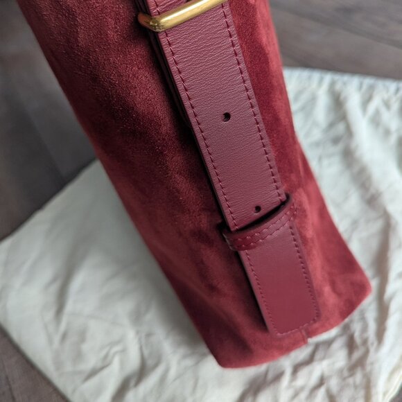 Quince Italian Suede Bucket Crossbody Leather Bag Merlot Burgundy Brass Minimal - Picture 12 of 13